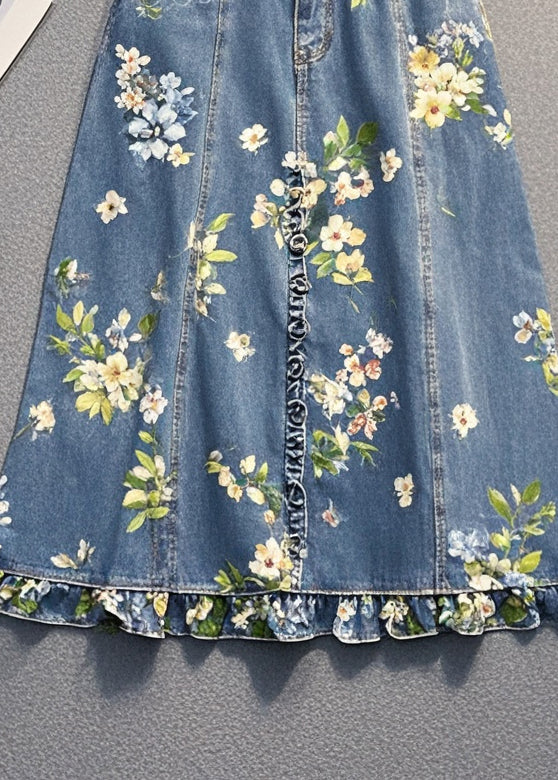 Women Blue Ruffled Print Denim Skirt Fall