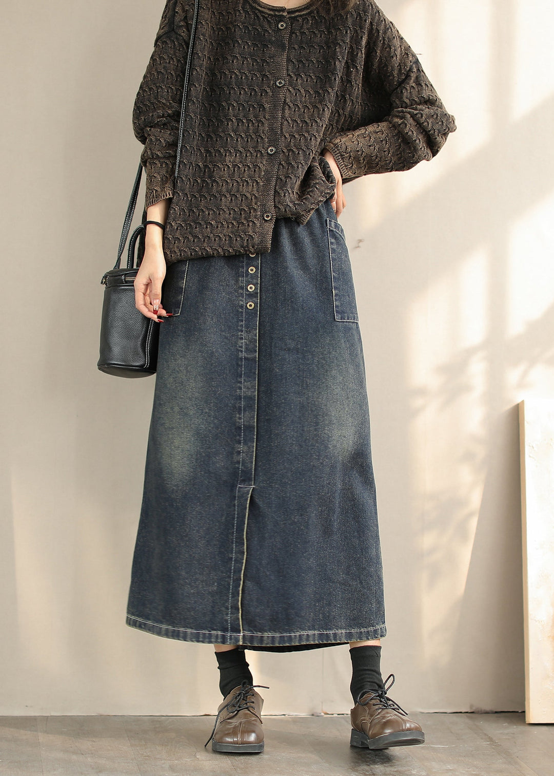 Women Blue Side Open Denim A Line Skirts Spring