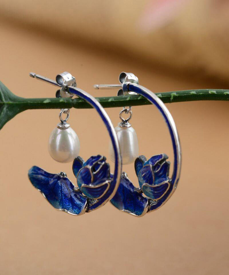 Women Blue Sterling Silver Cloisonne Inlaid Pearl Lotus Hoop Earrings