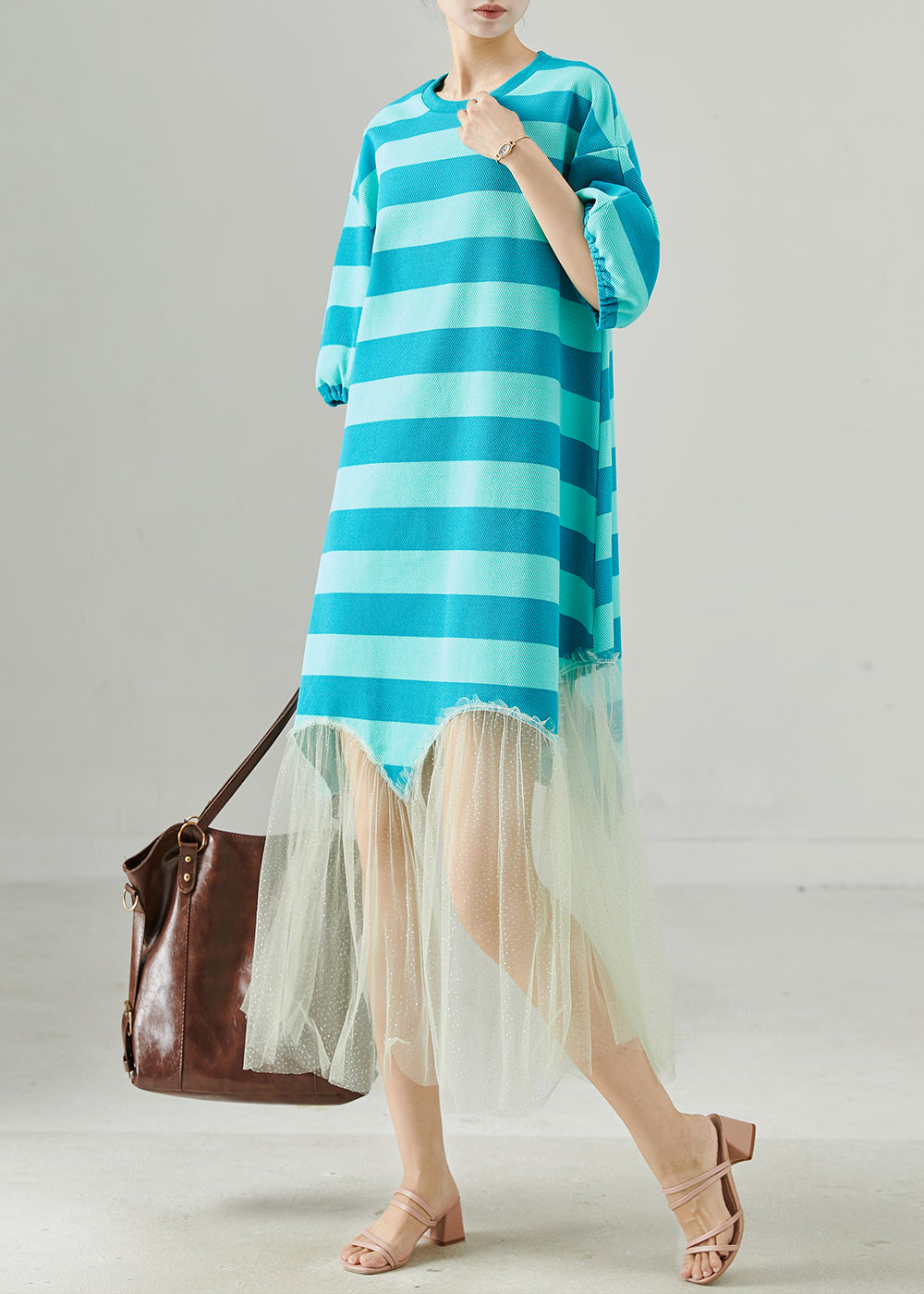 Women Blue Striped Patchwork Tull Robe Dresses Summer