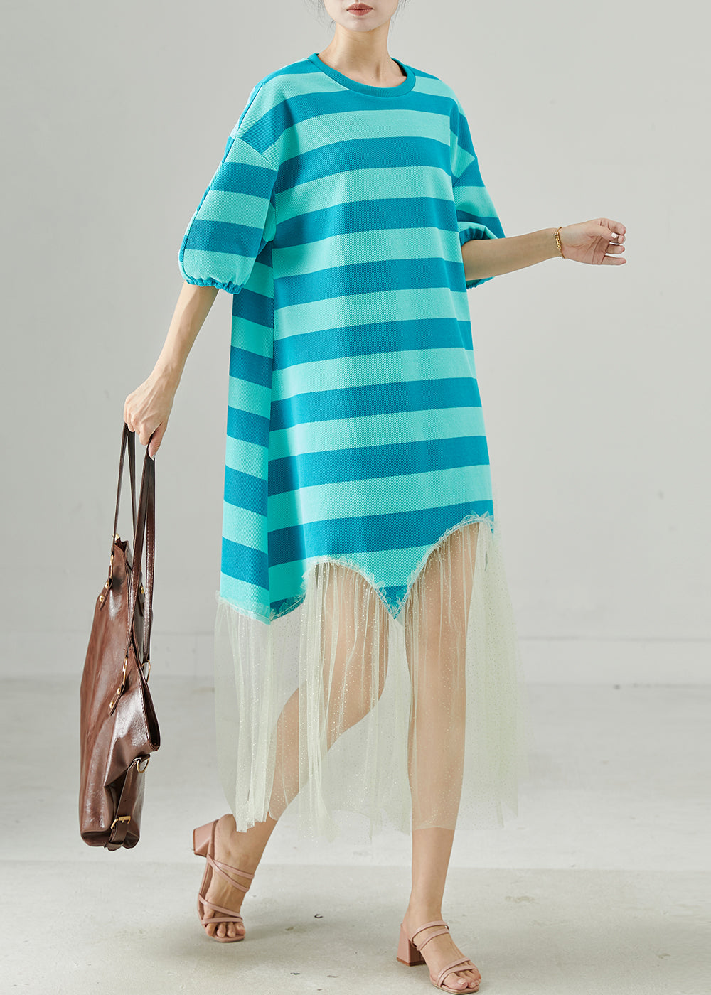 Women Blue Striped Patchwork Tull Robe Dresses Summer