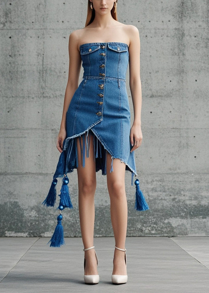 Women Blue Tasseled Asymmetrical Design Denim Day Strapless Dress Summer