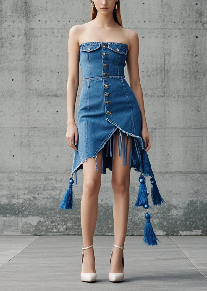 Women Blue Tasseled Asymmetrical Design Denim Day Strapless Dress Summer