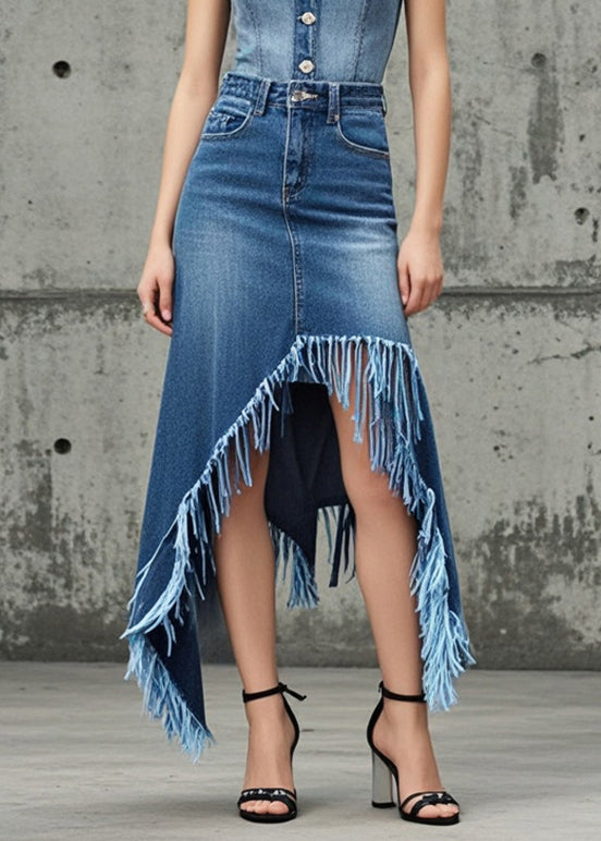 Women Blue Tasseled Asymmetrical Design Denim Skirt Fall