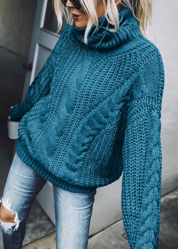 Women Blue Turtleneck Thick Cable Knit Sweaters Spring