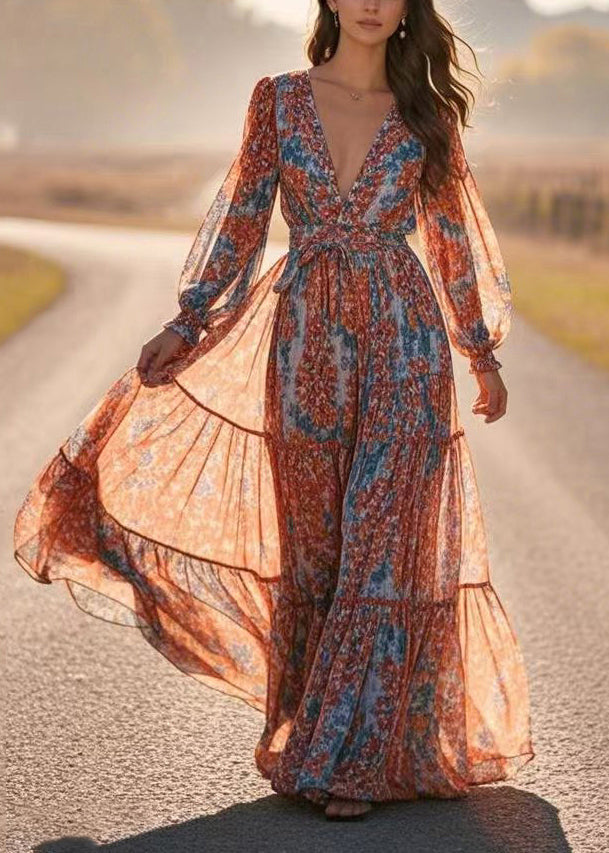 Women Blue V Neck Patchwork Chiffon Long Dress Lantern Sleeve