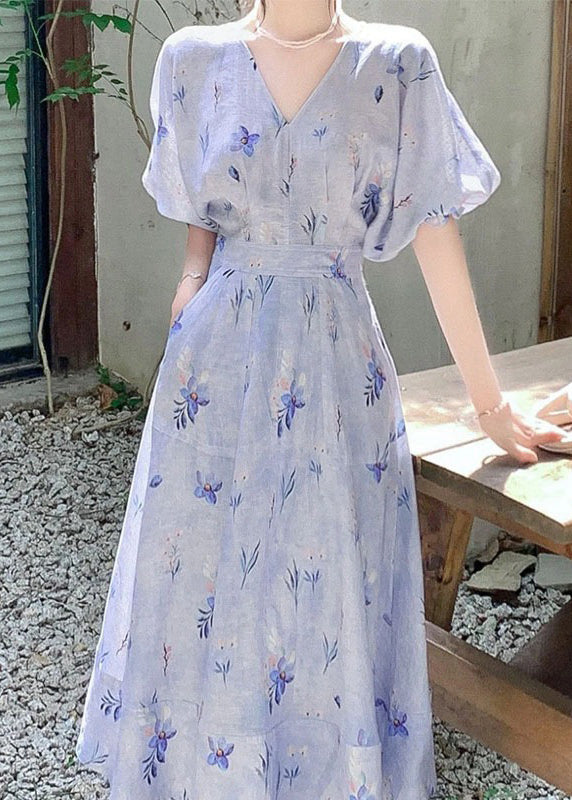 Women Blue V Neck Print Cotton Long Dress Summer