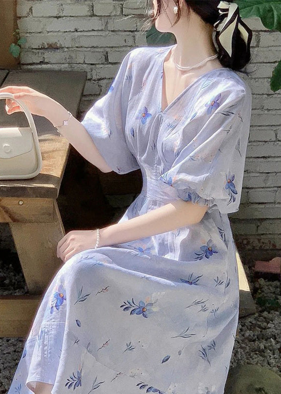 Women Blue V Neck Print Cotton Long Dress Summer