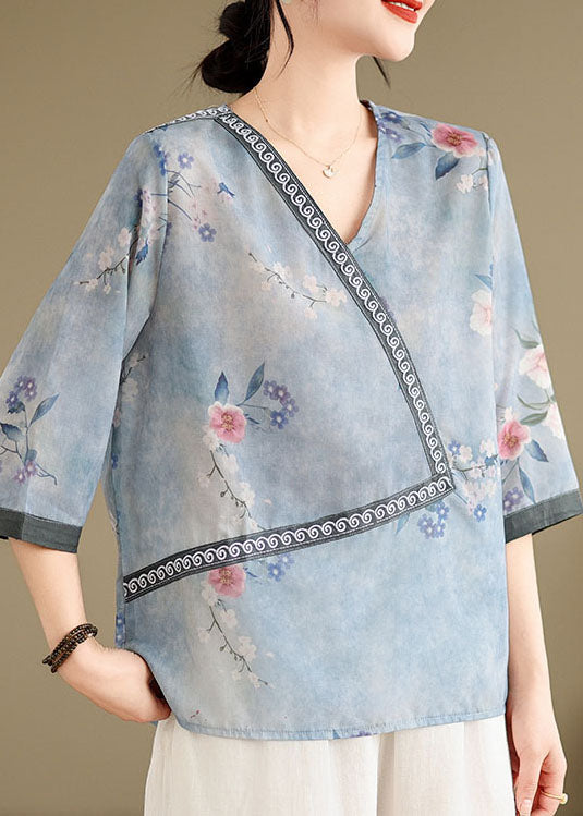 Women Blue V Neck Print Patchwork Cotton Tops Summer