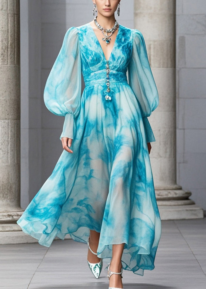 Women Blue V Neck Tie Dye Chiffon Maxi Dresses Fall