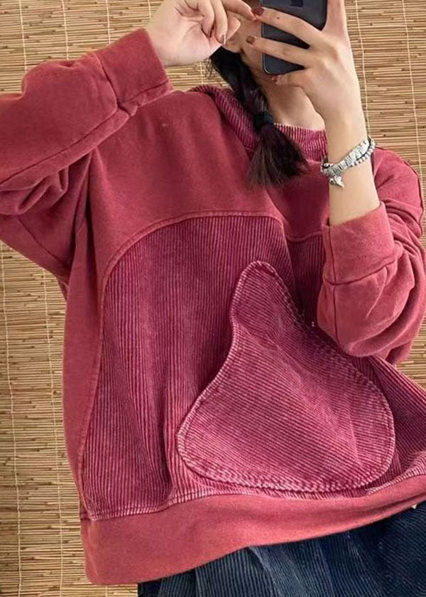 Women Brick Red Hooded Patchwork Cotton Pullover Top Spring