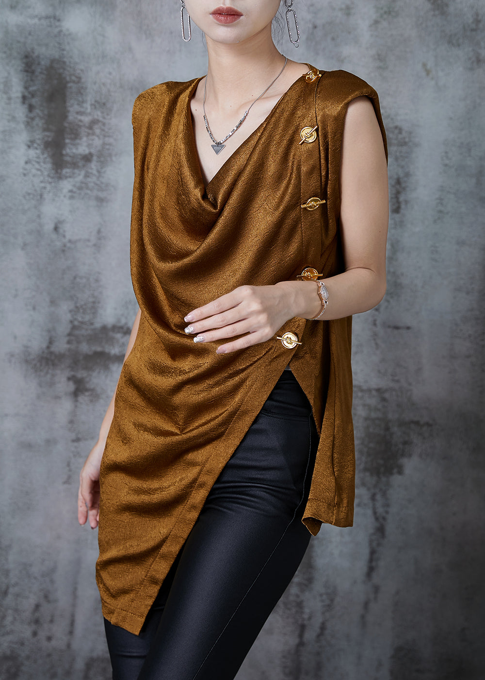 Women Brown Asymmetrical Patchwork Silk Beach Vest Summer