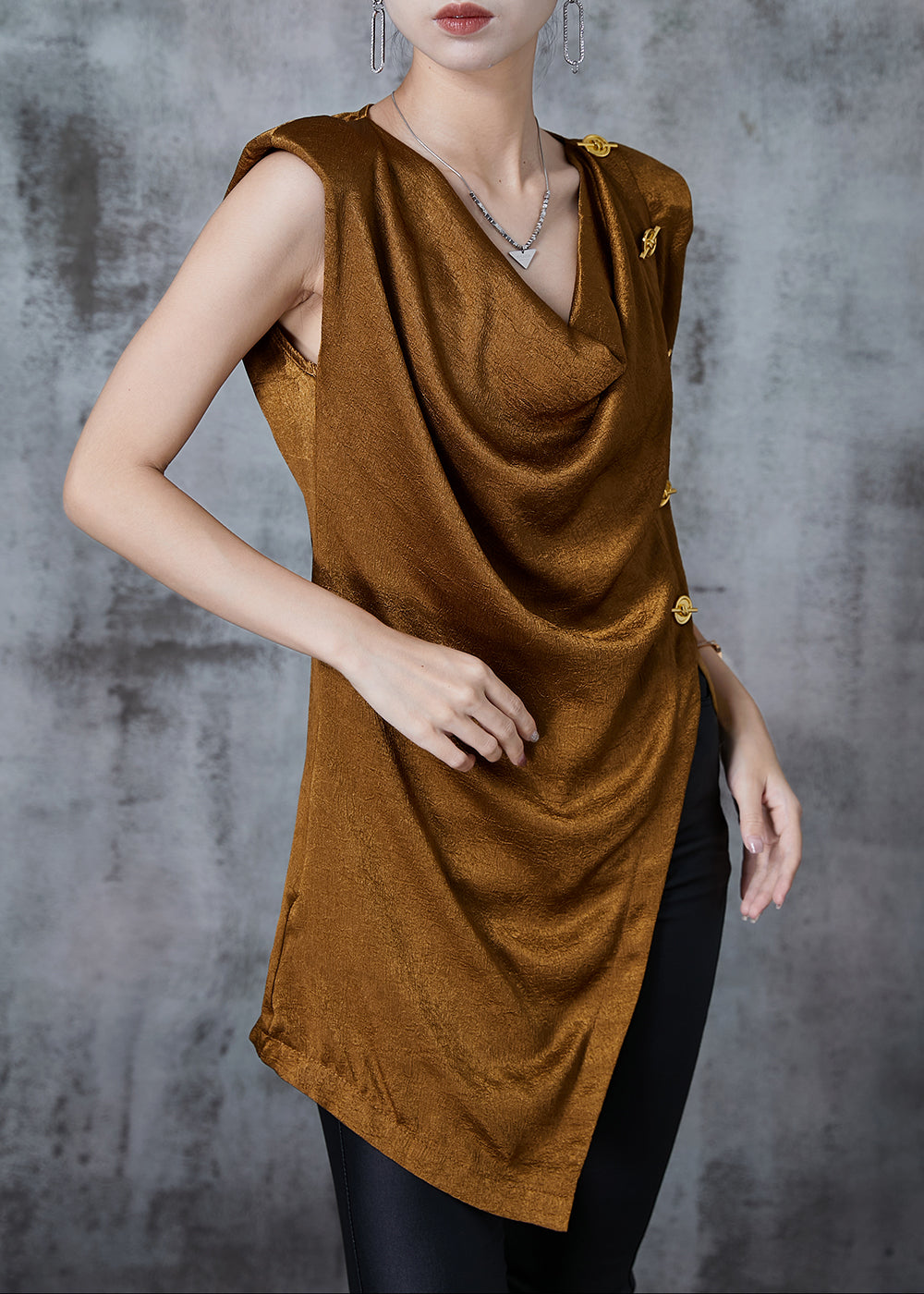 Women Brown Asymmetrical Patchwork Silk Beach Vest Summer