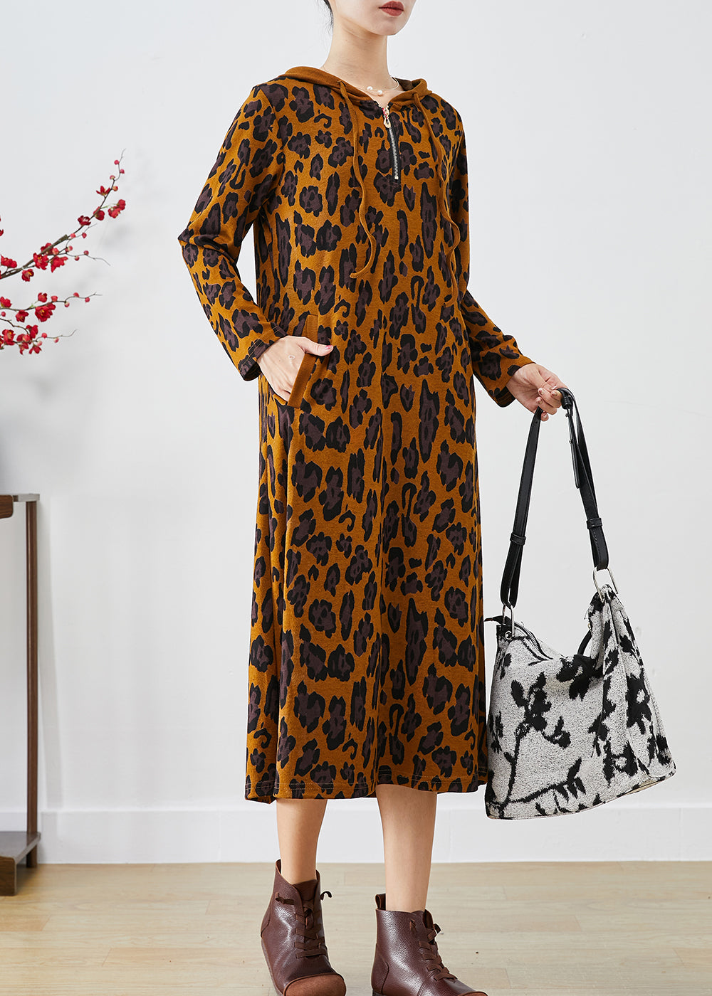 Women Brown Hooded Leopard Print Cotton Dresses Spring