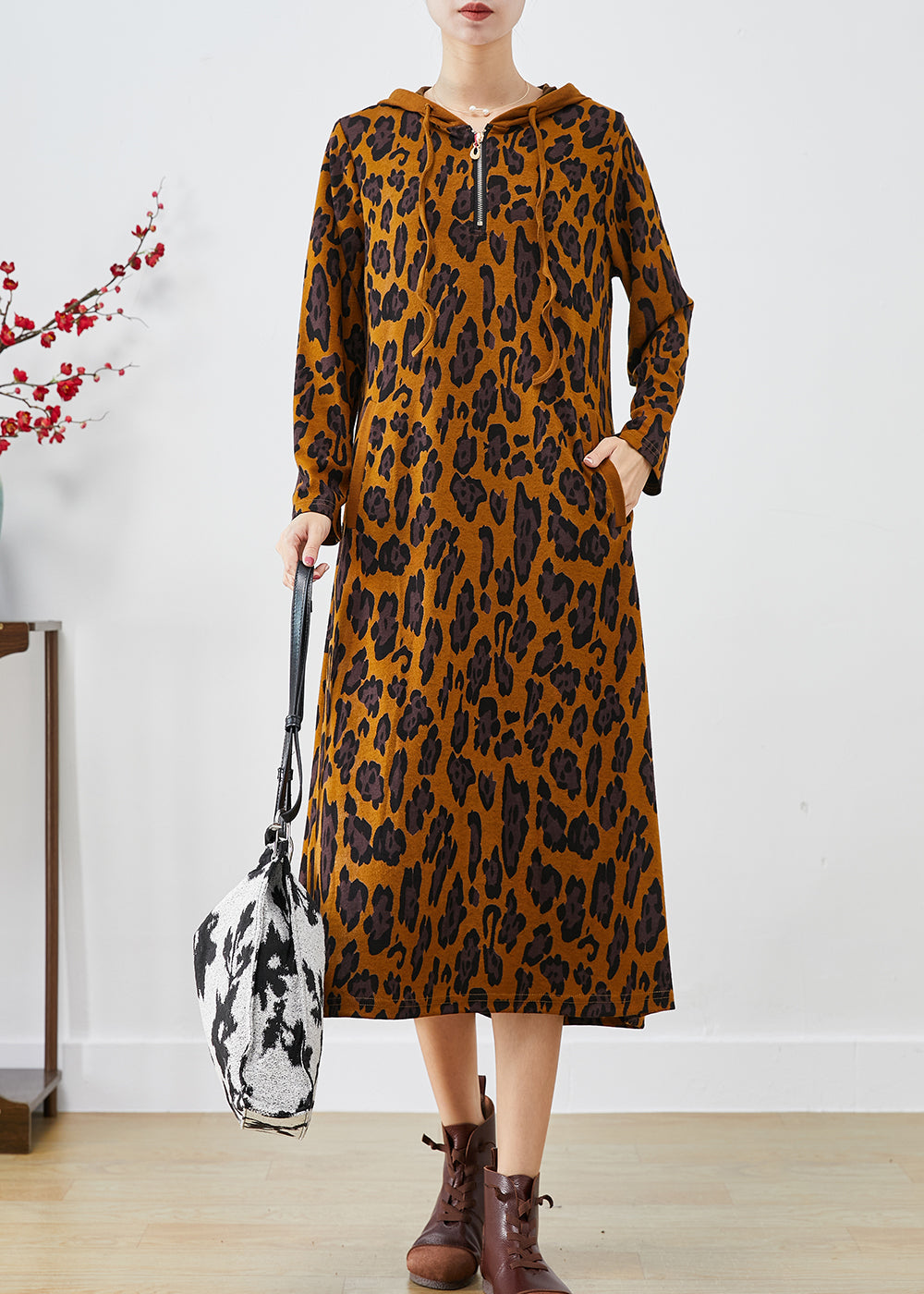 Women Brown Hooded Leopard Print Cotton Dresses Spring