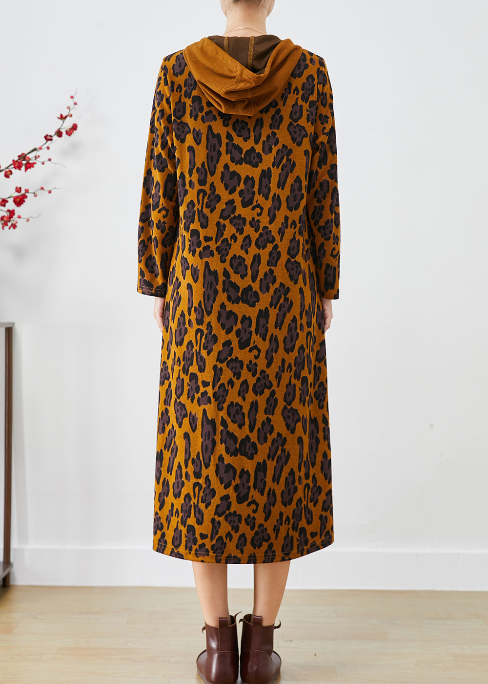 Women Brown Hooded Leopard Print Cotton Dresses Spring