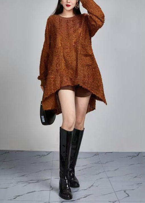 Women Brown O-Neck Low High Design Tops Fall