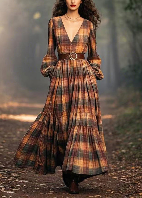 Women Brown Plaid Exra Large Hem Cotton Cinched Dresses Spring