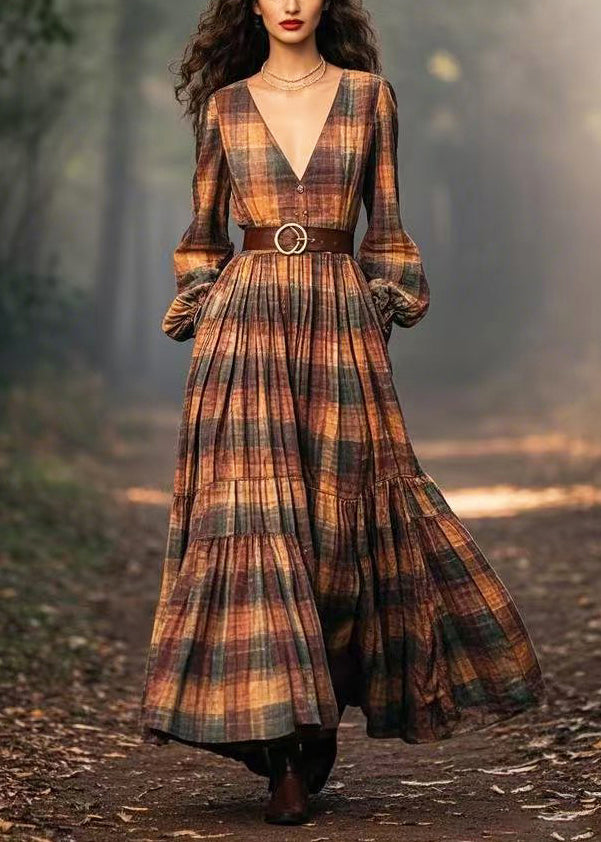 Women Brown Plaid Exra Large Hem Cotton Cinched Dresses Spring