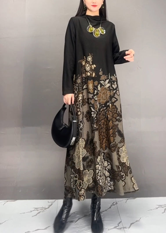 Women Brown Stand Collar Print Long Dresses Fall