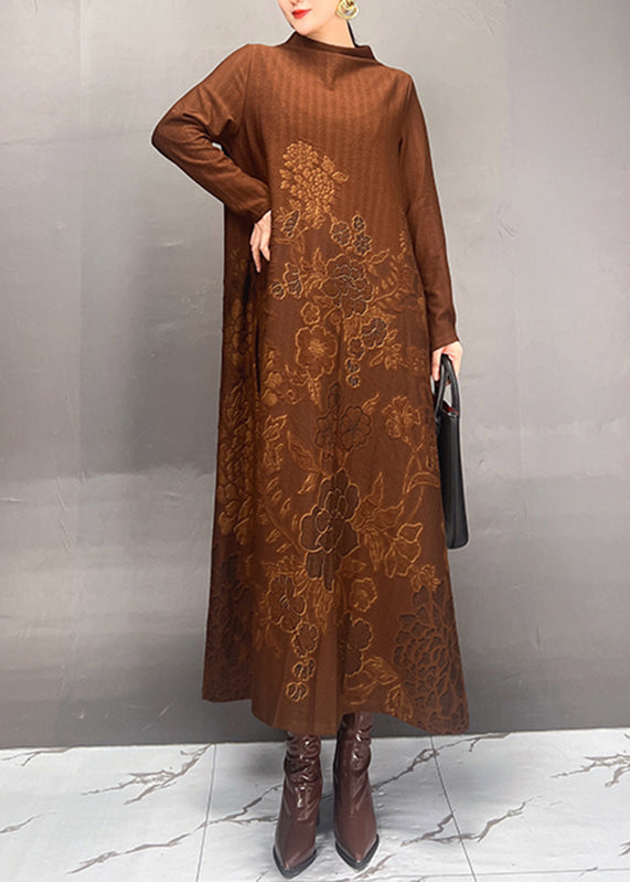 Women Brown Stand Collar Print Long Dresses Fall