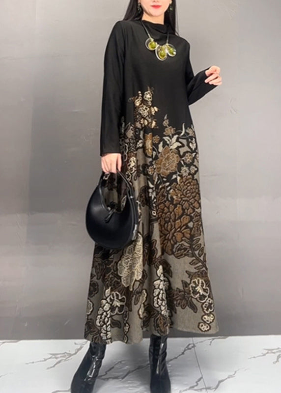 Women Brown Stand Collar Print Long Dresses Fall