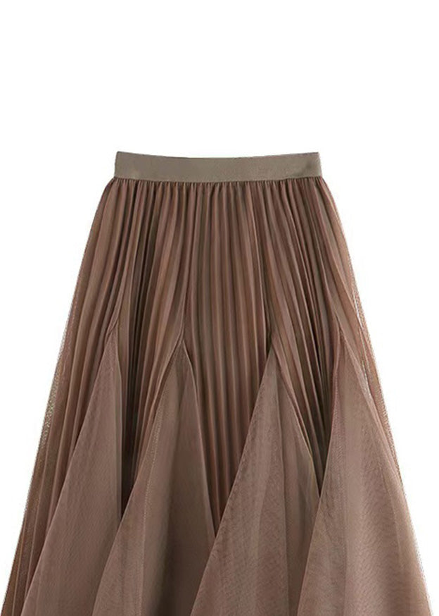 Women Brown Wrinkled Elastic Waist Tulle Skirts Spring