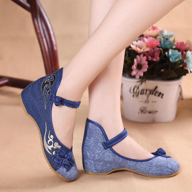 Women Buckle Strap Wedge High Wedge Heels Shoes Blue Oriental Cotton Fabric