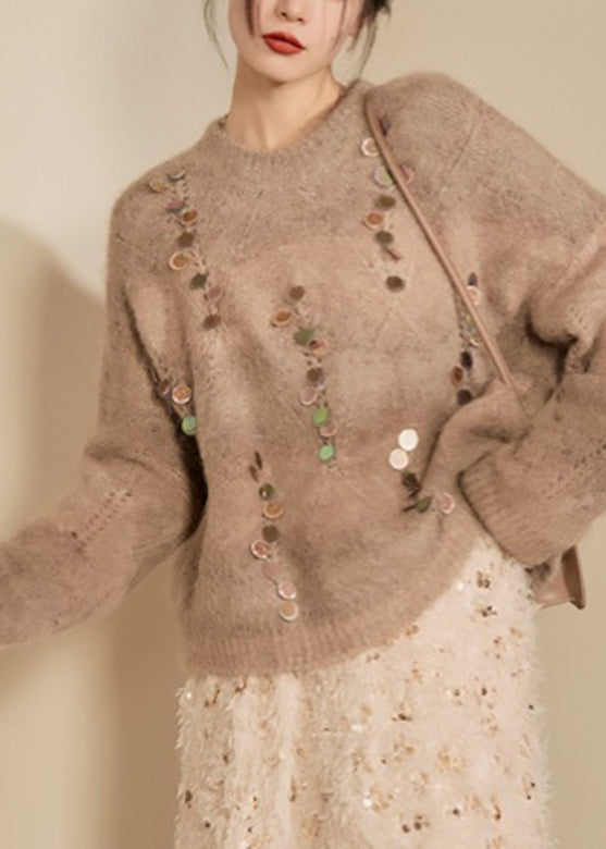 Women Camel O-Neck Sequins Thick Cotton Knit Sweater Winter