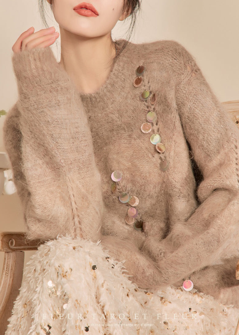 Women Camel O-Neck Sequins Thick Cotton Knit Sweater Winter