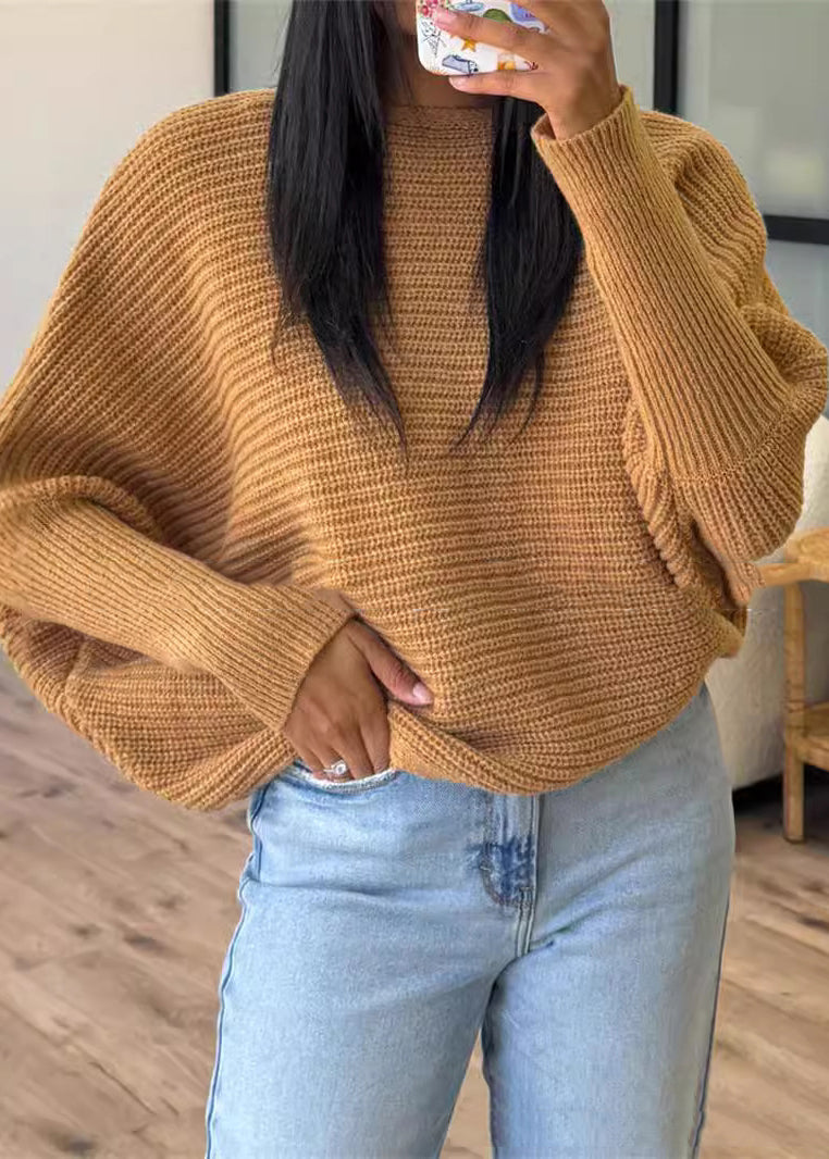 Women Caramel O Neck Thick Knitted Sweaters Tops Fall