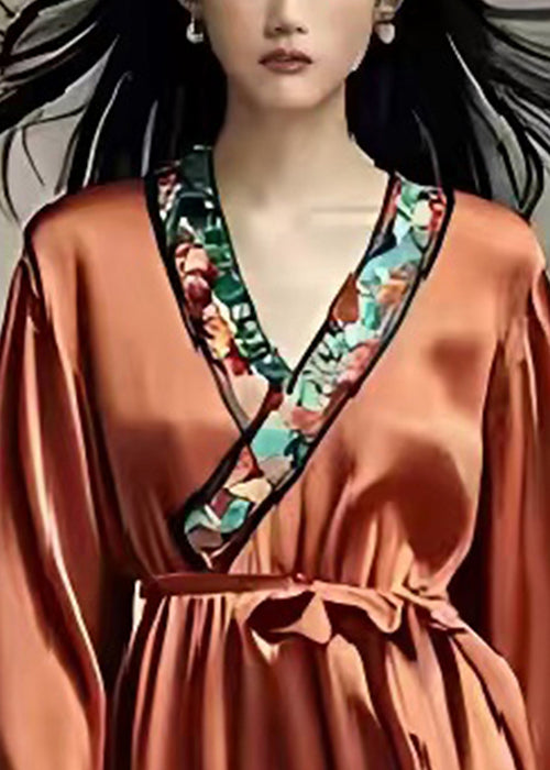 Women Caramel Silm Fit Draping Silk Holiday Dress Spring