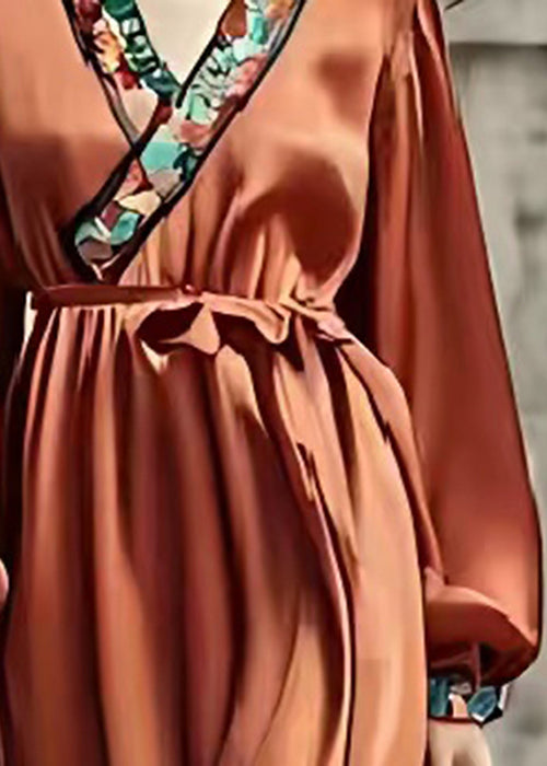 Women Caramel Silm Fit Draping Silk Holiday Dress Spring