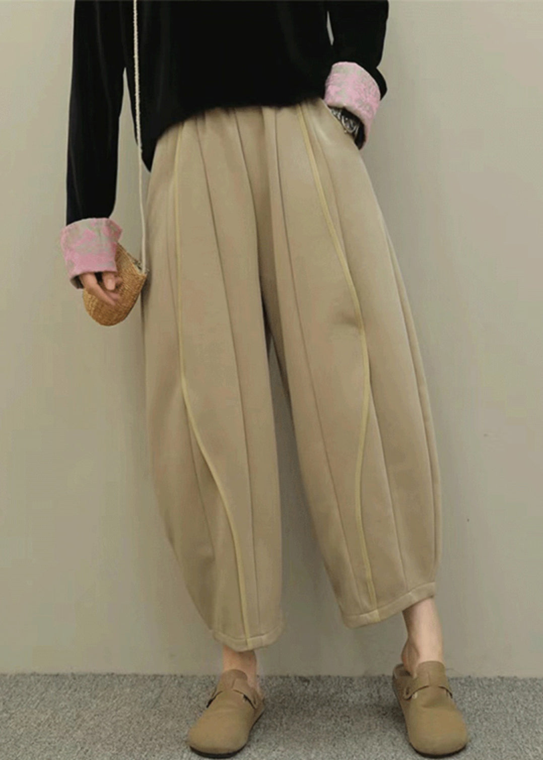 Women Casual Grey Pockets Elastic Waist Patchwork Cotton Pants Fall