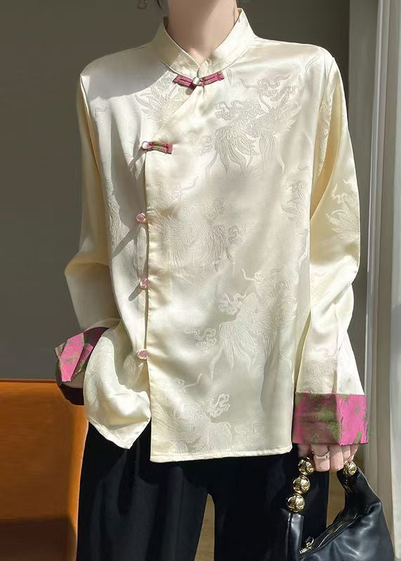 Women Champagne Stand Collar Button Silk Shirts Fall