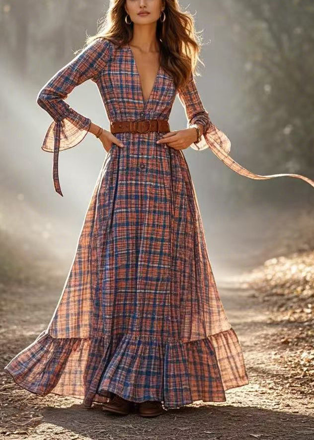 Women Cinched Plaid Cotton A Line Dress Spring