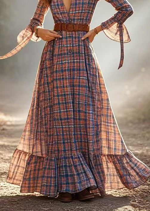 Women Cinched Plaid Cotton A Line Dress Spring