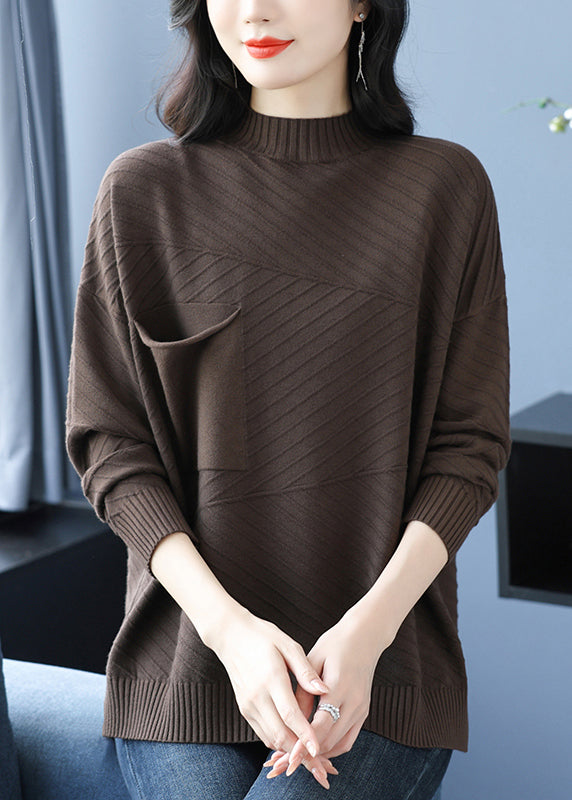 Women Coffee Half Hign Neck Pockets Patchwork Woolen Knit Top Spring