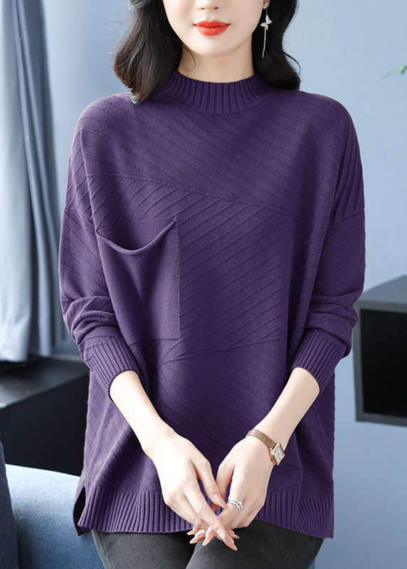 Women Coffee Half Hign Neck Pockets Patchwork Woolen Knit Top Spring