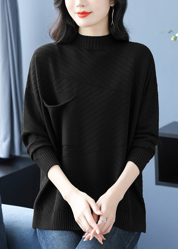 Women Coffee Half Hign Neck Pockets Patchwork Woolen Knit Top Spring