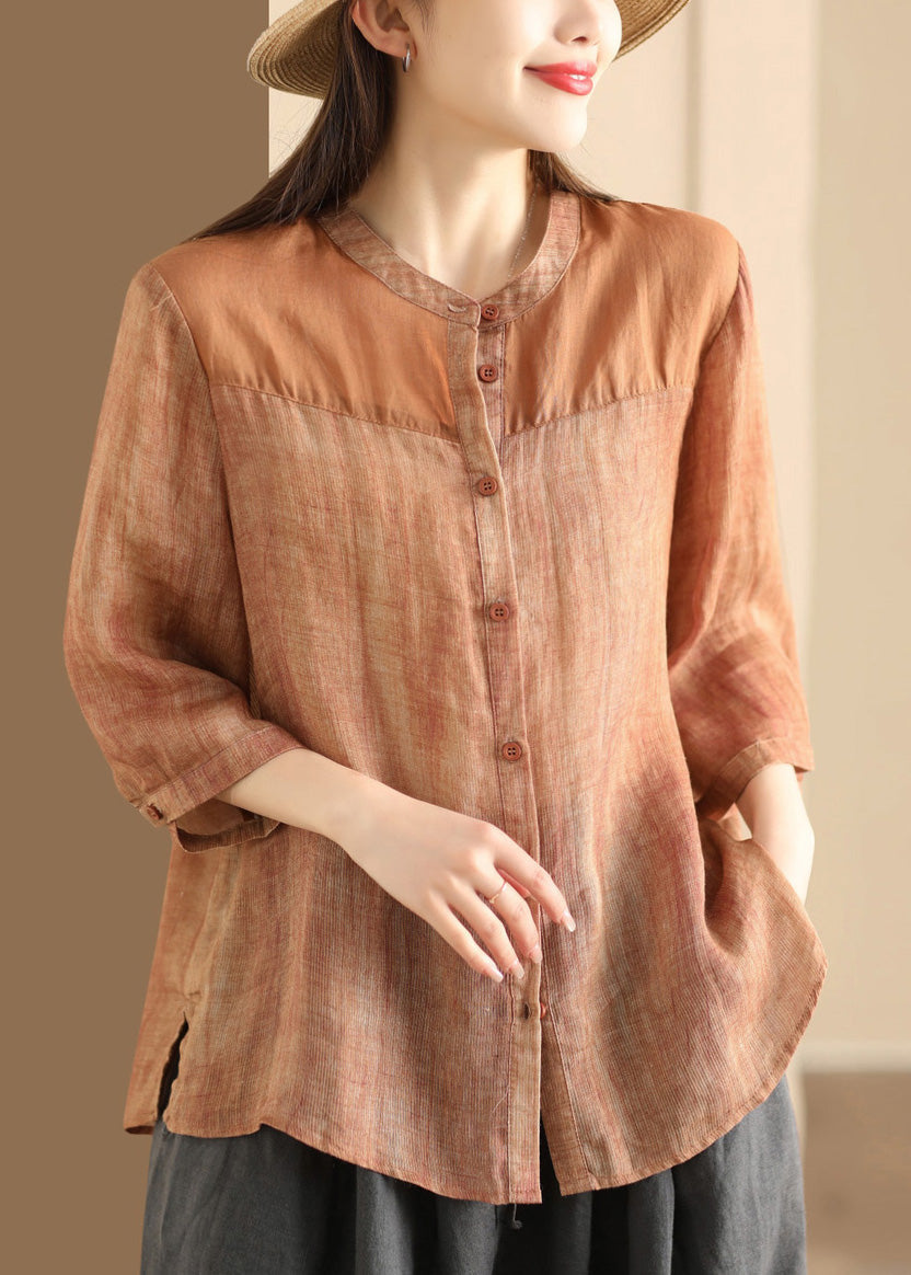 Women Coffee Stand Collar Button Patchwork Linen Shirts Summer