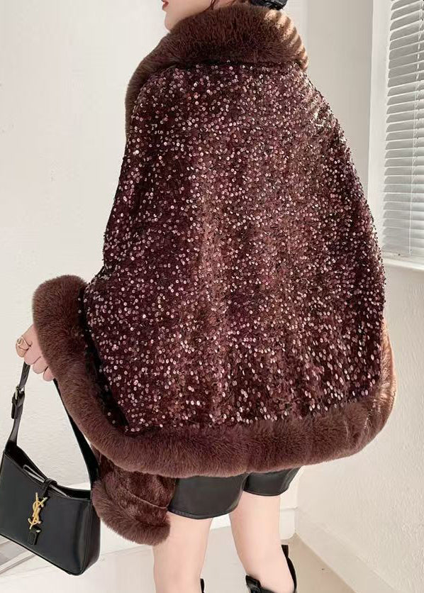 Women Coffee V Neck Sequins Patchwork Warm Fleece Coat Batwing Sleeve