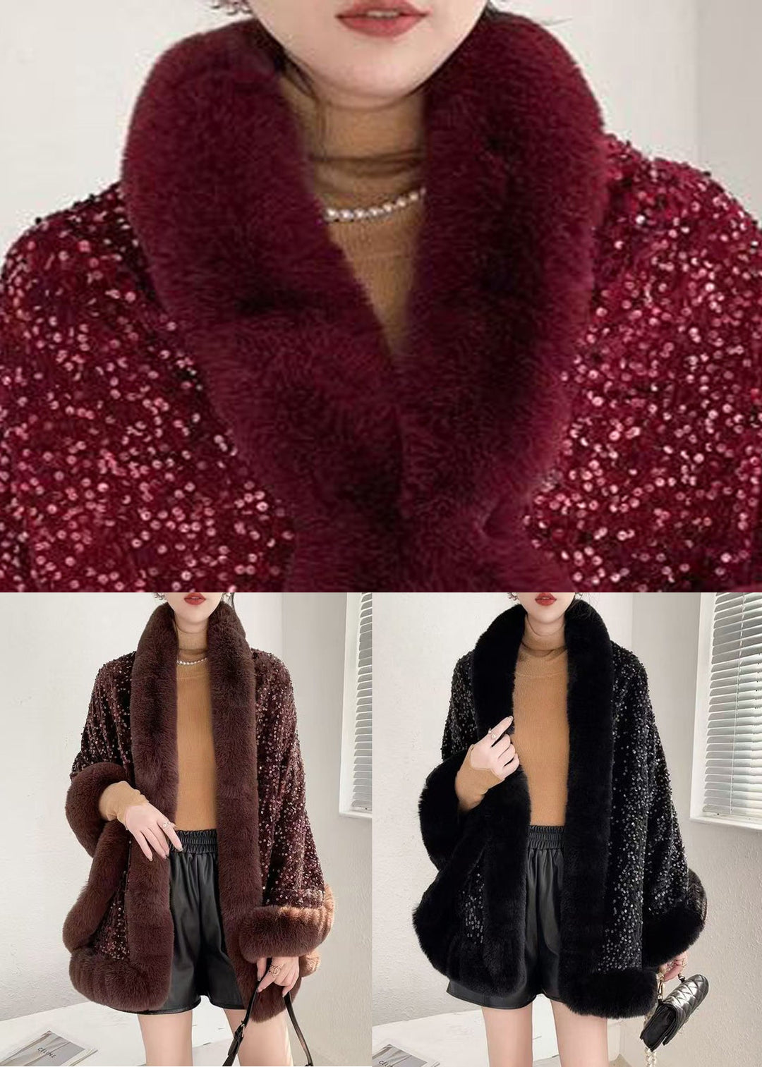 Women Coffee V Neck Sequins Patchwork Warm Fleece Coat Batwing Sleeve