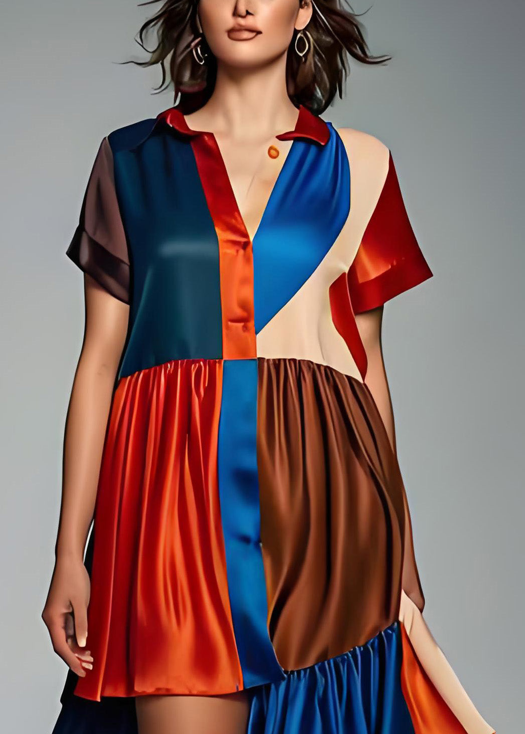 Women Colorblock Asymmetrical Patchwork Silk Dress Summer