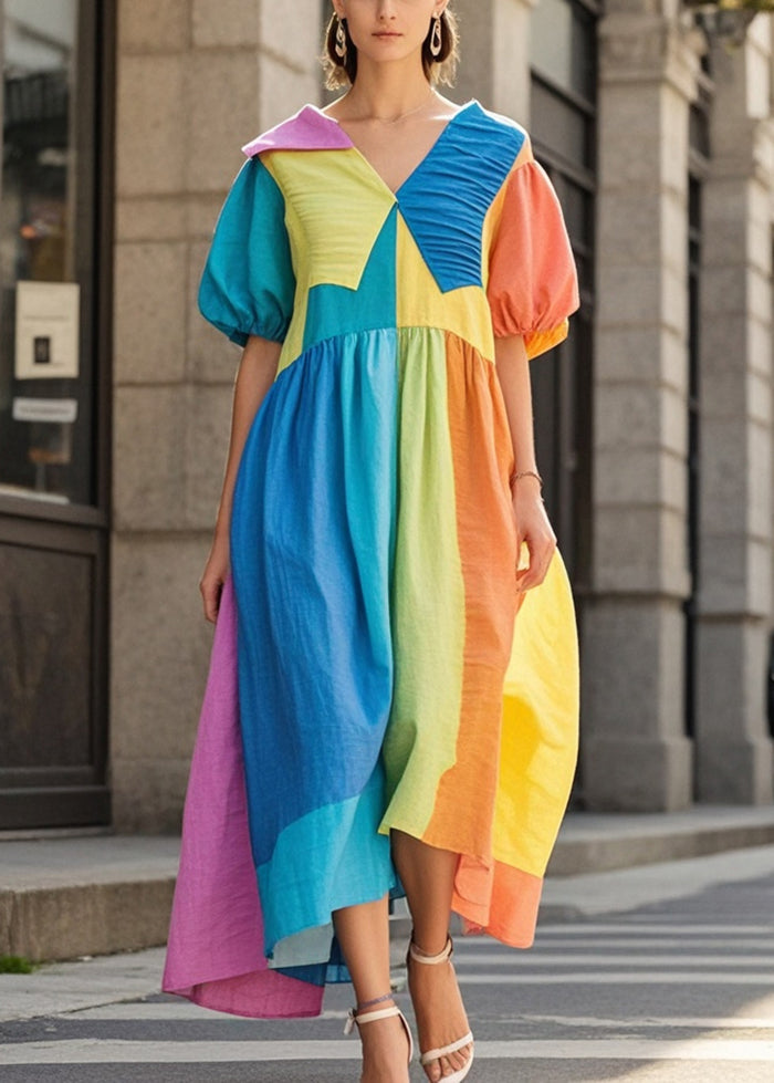 Women Colorblock Asymmetrical Patchwork Wrinkled Cotton Vacation Dresses Summer