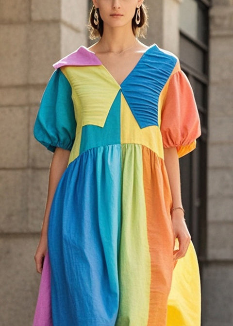 Women Colorblock Asymmetrical Patchwork Wrinkled Cotton Vacation Dresses Summer