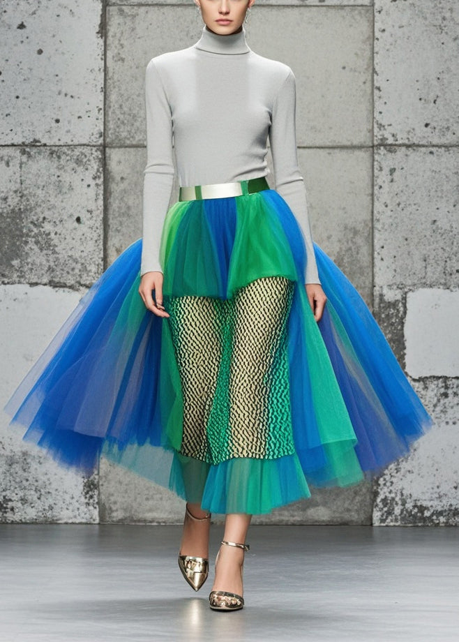 Women Colorblock Hollow Out Patchwork Tulle Skirts Summer