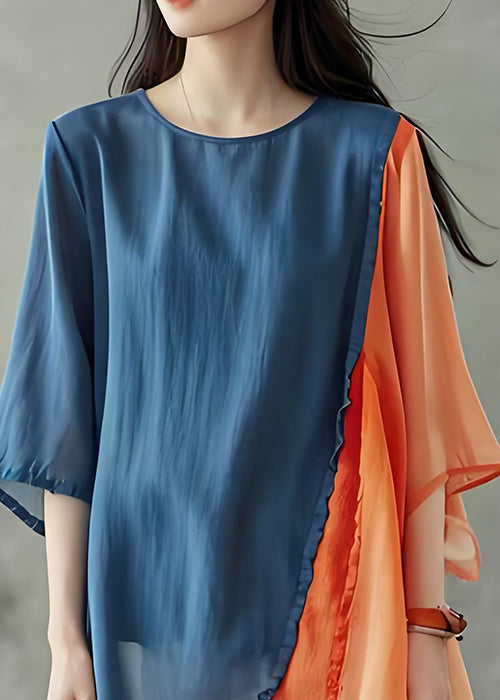 Women Colorblock O Neck Asymmetrical Design Cotton Top Summer