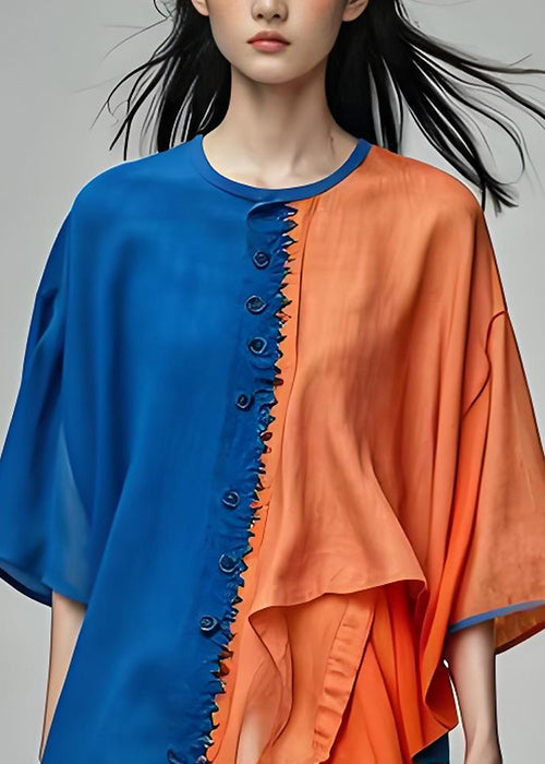 Women Colorblock O-Neck Asymmetrical Patchwork Cotton Top Summer