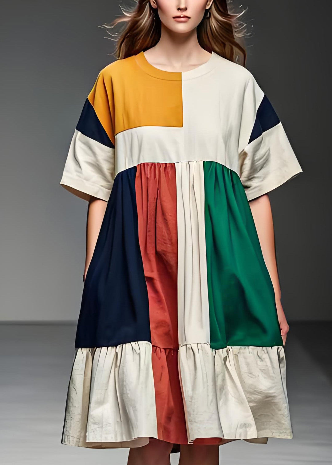 Women Colorblock O Neck Patchwork Linen Mid Dress Summer